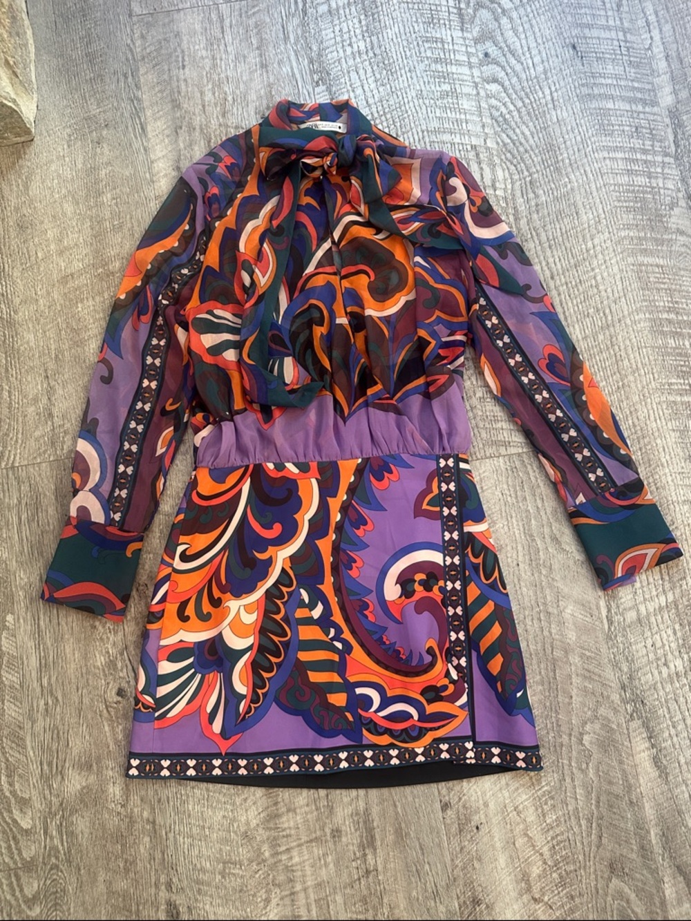 Zara Purple Multicolor Paisley Tie-Neck Long Sleeve Dress